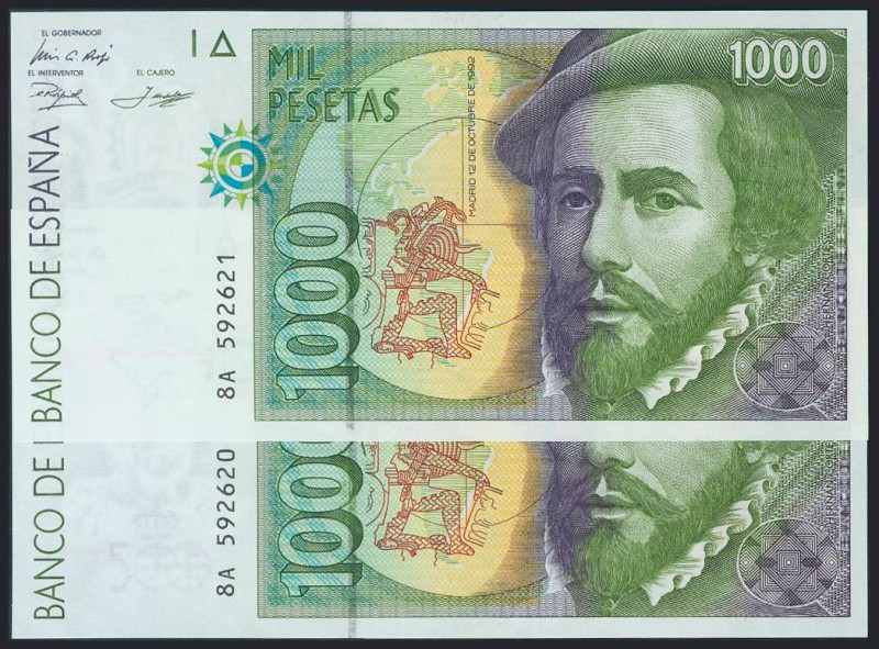 1000 Pesetas. 12 de Octubre de 1992. Pareja correlativa. Serie 8A. (Edifil 2017:...