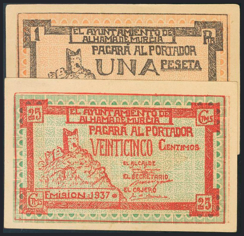 ALHAMA (MURCIA). 25 Céntimos y 1 Peseta. 1937. (González: 495/96). SC-.