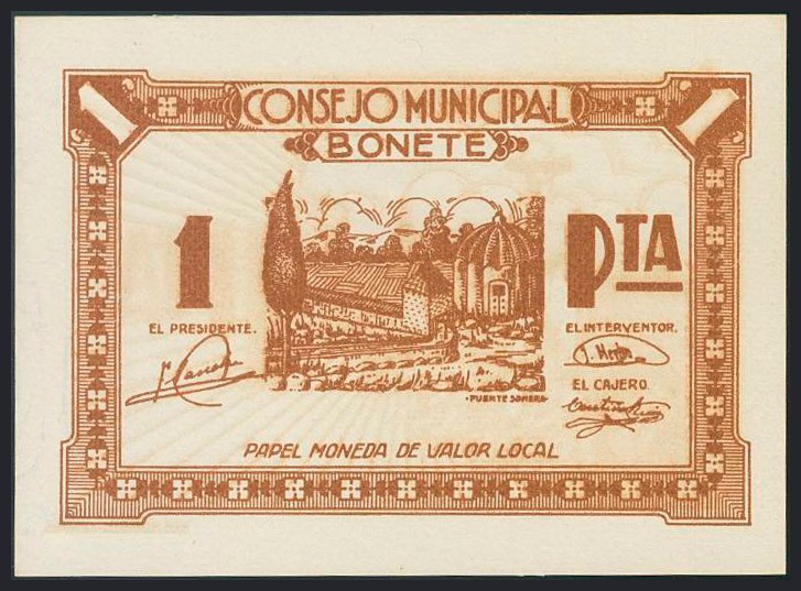 BONETE (ALBACETE). 1 Peseta. (1937ca). (González: 1279). EBC.