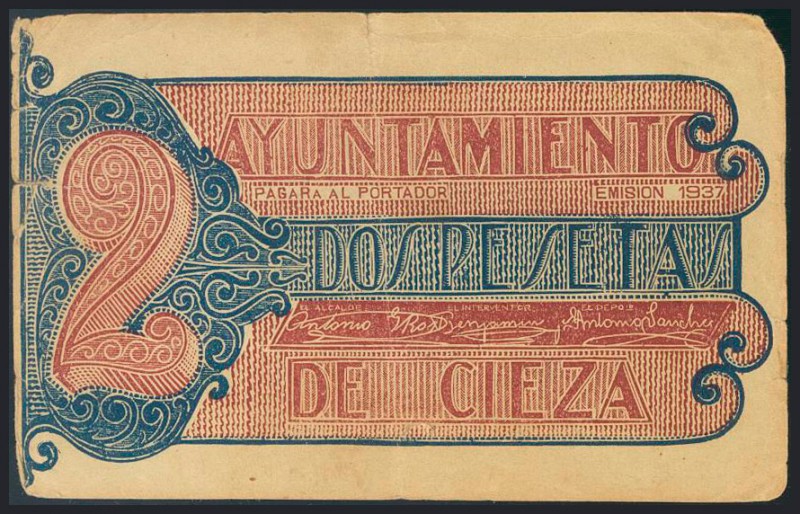 CIEZA (MURCIA). 2 Pesetas (falta la esquina superior derecha). (1937ca). (Gonzál...