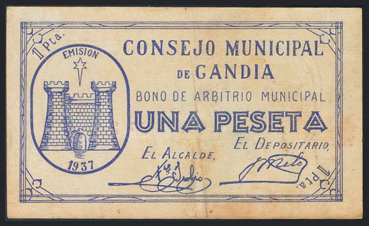 GANDIA (VALENCIA). 1 Peseta. 1937. (González: 2611). BC.
