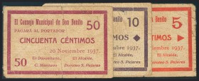 DON BENITO (BADAJOZ). 5, 10 y 50 Céntimos. (Montaner: 594-A-10 Céntimos, no cita-C, González: 2236, 2237, 2239). Restos de papel adherido al dorso y l...