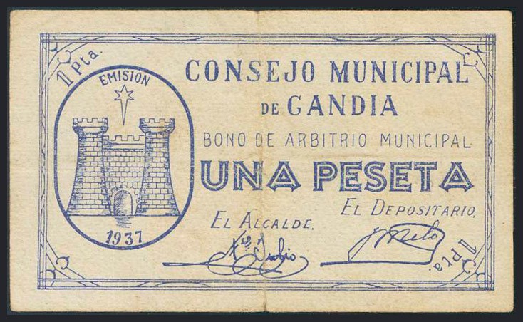 GANDIA (VALENCIA) 1 Peseta. 1937. (Montaner: No cita, González: 2611, Turró: 789...