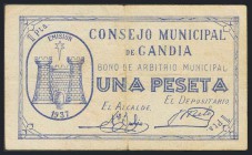 GANDIA (VALENCIA) 1 Peseta. 1937. (Montaner: No cita, González: 2611, Turró: 789a). MBC-.