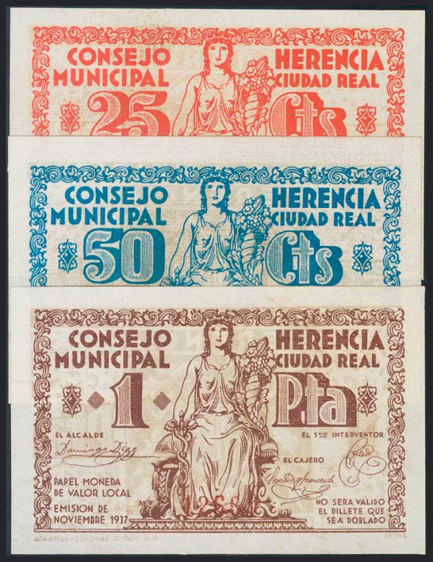 HERENCIA (CIUDAD-REAL). Serie completa del 25 Céntimos, 50 Céntimos y 1 Peseta. ...