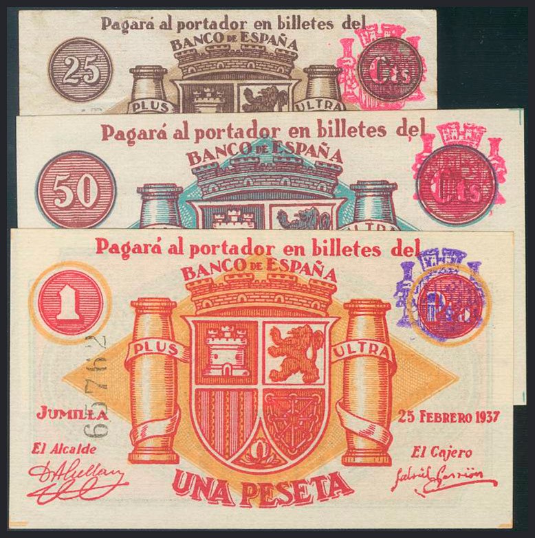 JUMILLA (MURCIA). Serie completa del 25 Céntimos, 50 Céntimos y 1 Peseta. 25 de ...