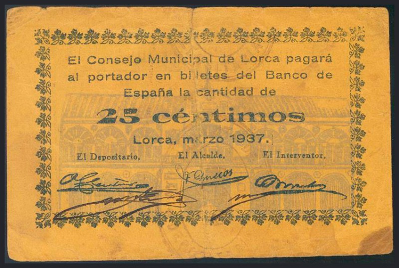 LORCA (MURCIA). 25 Céntimos. Marzo de 1937. (González: 3229). RC.