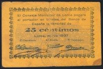 LORCA (MURCIA). 25 Céntimos. Marzo de 1937. (González: 3229). RC.