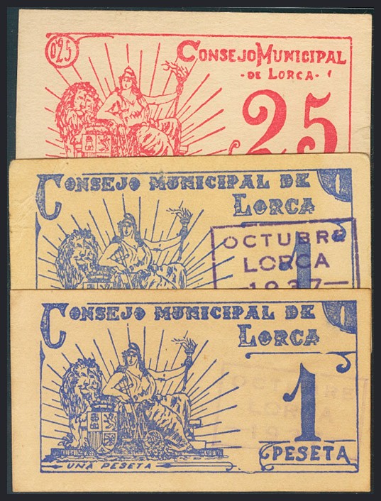 LORCA (MURCIA). 25 Céntimos y 2 billetes de 1 Peseta con el tampón OCTUBRE / LOR...