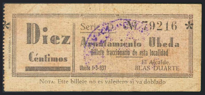 UBEDA (JAEN). 10 Céntimos. 1 de Marzo de 1937. Tipo anverso fondo blanco. (Gonzá...