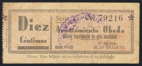 UBEDA (JAEN). 10 Céntimos. 1 de Marzo de 1937. Tipo anverso fondo blanco. (González: 5197). Inusual. BC.