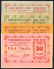 LA UNION (MURCIA). Serie completa 25 Céntimos serie A, 50 Céntimos serie A, 1 Peseta naranja serie A y 1 Peseta rosa serie B. Junio de 1937. (González...