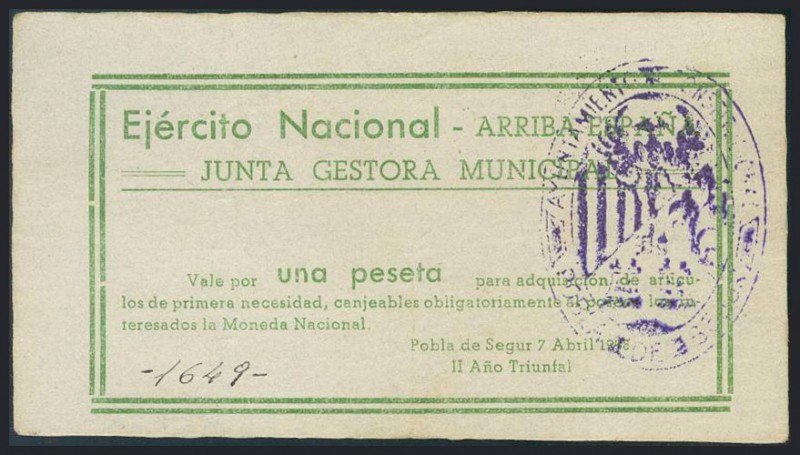 POBLA DE SEGUR (LERIDA). 1 Peseta. 7 de Abril de 1938. (González: 5932). MBC.