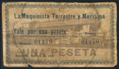 LA MAQUINISTA TERRESTRE Y MARITIMA (BARCELONA). 1 Peseta. Febrero 1937. (González: 6802). RC.