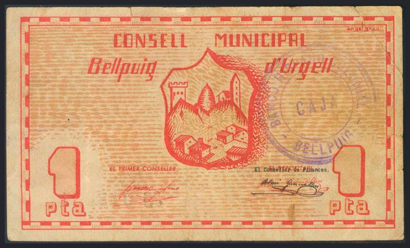 BELLPUIG D´URGELL (LERIDA). 1 Peseta. (1937ca). (González: 6982). MBC.