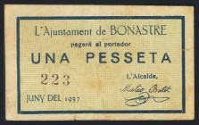 BONASTRE (TARRAGONA). 1 Peseta. Junio de 1937. (González: 7127). BC.