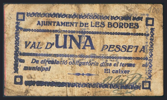 LES BORDES (LERIDA). 1 Peseta. (1937ca). (González: 7132). RC.