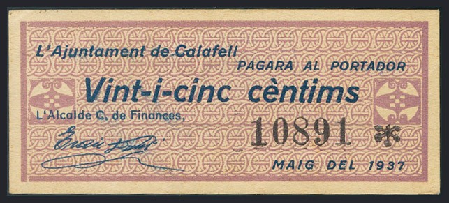 CALAFELL (TARRAGONA). 25 Céntimos. Mayo de 1937. (González: 7270). EBC.