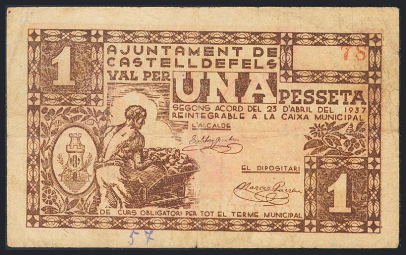 CASTELLDEFELS (BARCELONA). 1 Peseta. 23 de Abril de 1937. (González: 7448). BC.