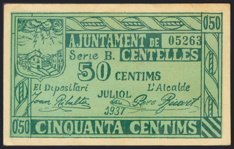 CENTELLES (BARCELONA). 50 Céntimos. Julio de 1937. (González: 7548). MBC.