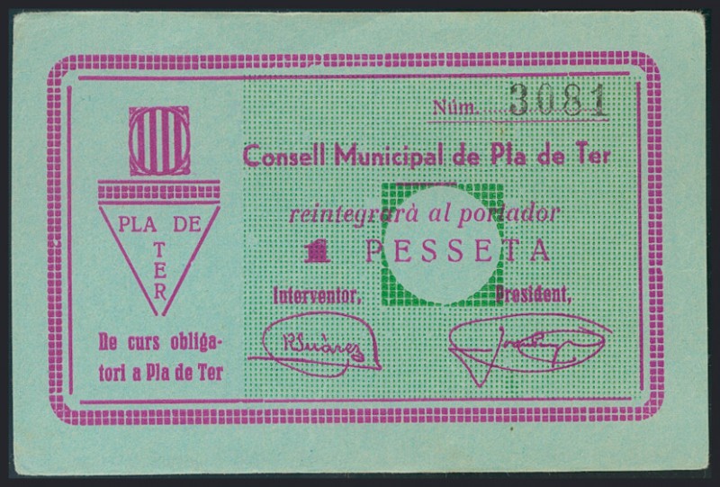 PLA DE TER (GERONA). 1 Peseta. (1937ca). (González: 9260). EBC.