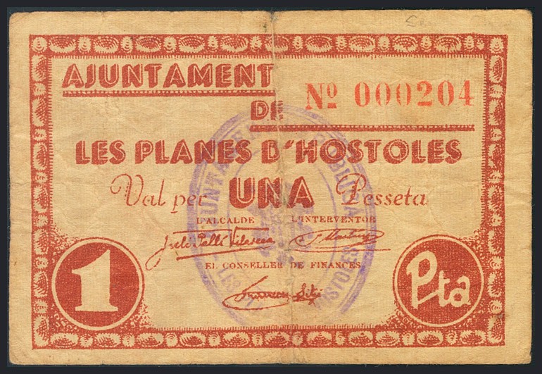 LES PLANES D´HOSTOLES (GERONA). 1 Peseta. (1937ca). (González: 9277). BC.