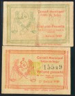 POBLA DE SEGUR (LERIDA). Conjunto de 2 billetes de 1 Peseta correspondientes a la 1ª y 2ª emisión. (González: 9337/38). BC.