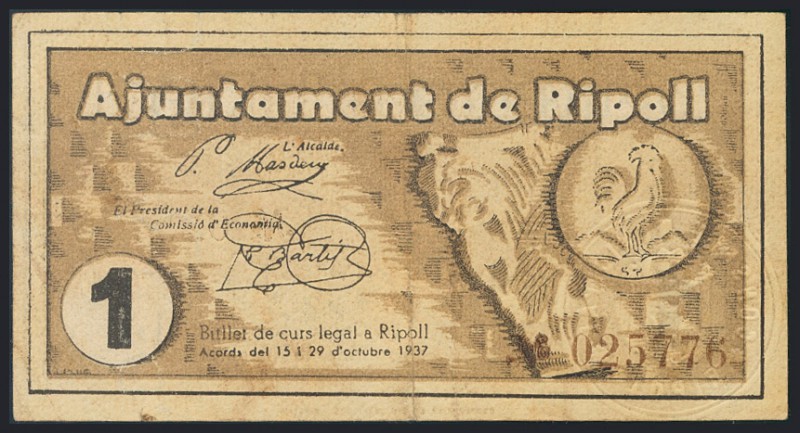 RIPOLL (GERONA). 1 Peseta. 29 de Octubre de 1937. EBC.