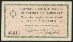 ROCAFORT DE QUERALT (TARRAGONA). 25 Céntimos. 27 de Septiembre de 1937. (González: 9705). MBC.