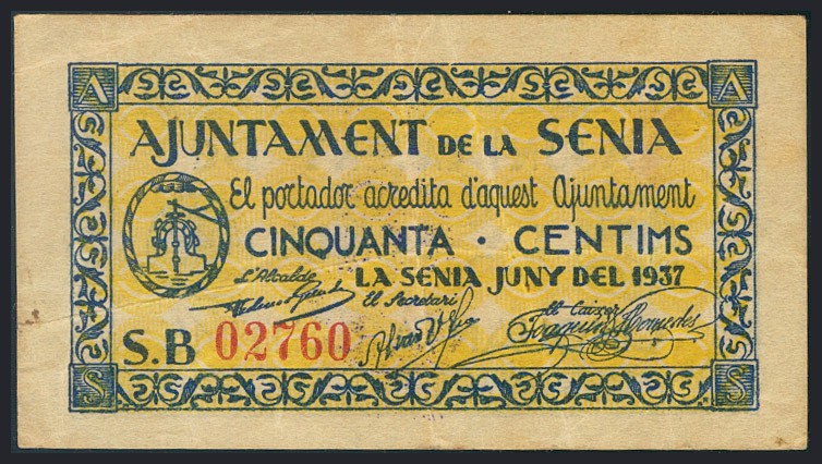 LA SENIA (TARRAGONA). 50 Céntimos. Junio de 1937. (González: 9938).