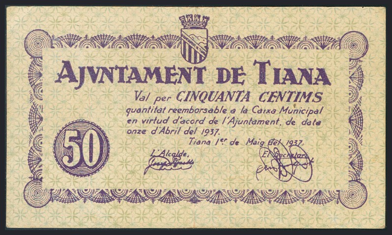 TIANA (BARCELONA). 50 Céntimos. 11 de Abril de 1937. (González: 10255). MBC.
