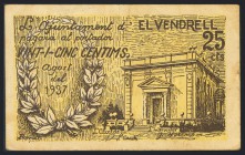 EL VENDRELL. 25 Céntimos. Agosto de 1937. (González: 10599). BC.