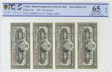 CUBA. 20 Centavos. 15 de Febrero de 1897. 4 billetes sin cortar. (Edifil 2017: 85). Encapsulado 65OPQ. Raro en esta calidad. SC.