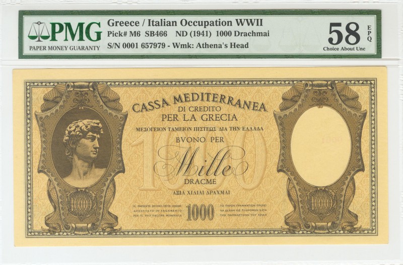 GRECIA. 1000 Dracmas. 1941. Cassa Mediterranea di Credito per la Grecia. (Pick: ...