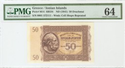 GRECIA. 50 Dracmas. 1941. (Pick: M14). Emitido durante la ocupación Italiana de Grecia en la II Guerra Mundial. Encapsulado PMG64. SC.