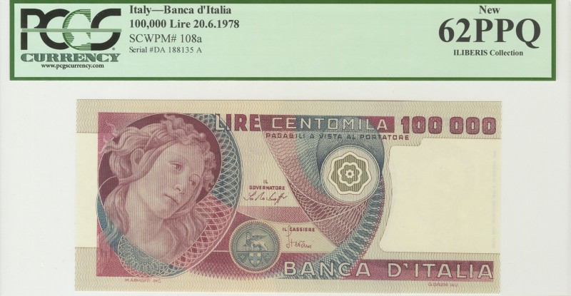ITALIA. 100000 Liras. 20 de Junio de 1978. (Pick: 108a). Encapsulado PCGS62PPQ. ...