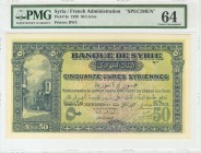SIRIA. 50 Libras. 1 de Enero de 1920. Banque de Syrie "Specimen". (Pick: 9s). Espléndido y escasísimo ejemplar, emitido por la Administración Francesa...