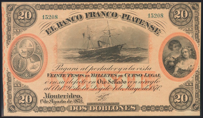 URUGUAY. 20 Pesos. 1 de Agosto de 1871. Banco Franco Platense. (Pick: s173b). EB...