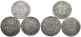 MONARQUIA ESPAÑOLA. Lote compuesto por 3 monedas de 2 Reales de Fernando VI, conteniendo: 1751 México M (Columnario); 1754 Sevilla PJ y 1758 Sevilla J...