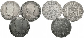 MONARQUIA ESPAÑOLA. Lote compuesto por 3 monedas de 4 Reales de Fernando VII, conteniendo: 1824 Sevilla JB; 1825 Potosí JL y 1828 Sevilla JB. Ar. BC+/...