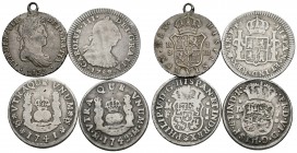 MONARQUIA ESPAÑOLA. Lote compuesto por 4 monedas de 1 Real, conteniendo: Felipe V 1741 México MF (Columnario); Fernando VI 1749 México M (Columnario);...
