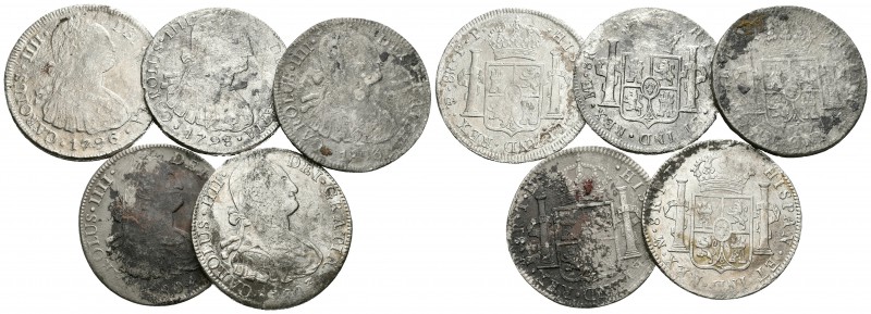 CARLOS IV. Lote compuesto por 5 monedas de 8 Reales: México 1803 FT (2), 1804 TH...