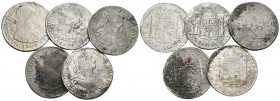 CARLOS IV. Lote compuesto por 5 monedas de 8 Reales: México 1803 FT (2), 1804 TH; Potosí 1798 PP y Lima 1798 IJ. Todos con oxidaciones marinas. Ar. BC...
