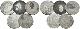 CARLOS IV. Lote compuesto por 5 monedas de 8 Reales: México 1803 FT, 1804 TH (3), 1805 TH y Potosí 1791 PR. Todos con oxidaciones marinas. Ar. BC+/MBC...