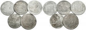 CARLOS IV. Lote compuesto por 5 monedas de 8 Reales: México 1803 FT, 1804 TH, 1805 TH; Potosí 1798 PP y Lima 1801 IJ. Todos con oxidaciones marinas. A...