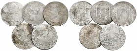 CARLOS IV. Lote compuesto por 5 monedas de 8 Reales: México 1806 TH, 1807 TH (2); Lima 1806 JP y Guatemala 1806 M. Oxidaciones marinas. Ar. BC+/MBC-. ...