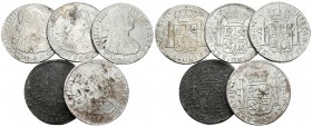 CARLOS IV. Lote compuesto por 5 monedas de 8 Reales: México 1806 TH, 1807 TH (2); Lima 1806 JP y Guatemala 1806 M. Oxidaciones marinas. Ar. BC+/MBC-. ...