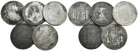 CARLOS IV. Lote compuesto por 5 monedas de 8 Reales de México: 1798 FM, 1800 FM, 1802 FT, 1804 TH y 1805 TH. Todos con oxidaciones marinas. Ar. BC+/MB...