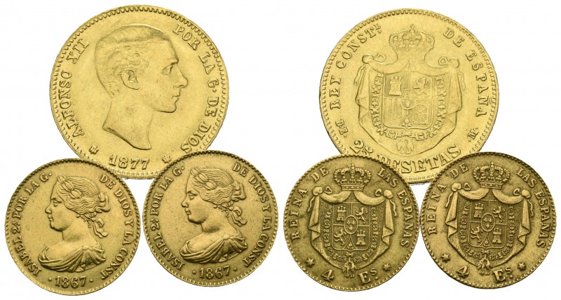 ISABEL II y ALFONSO XII. Lote compuesto por 4 Escudos 1867 Madrid (2) y 25 Peset...