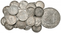 CENTENARIO DE LA PESETA. Lote compuesto por 25 monedas de plata del Gobierno Provisional, Alfonso XII y Alfonso XIII, conteniendo: 50 Céntimos 1869, 1...